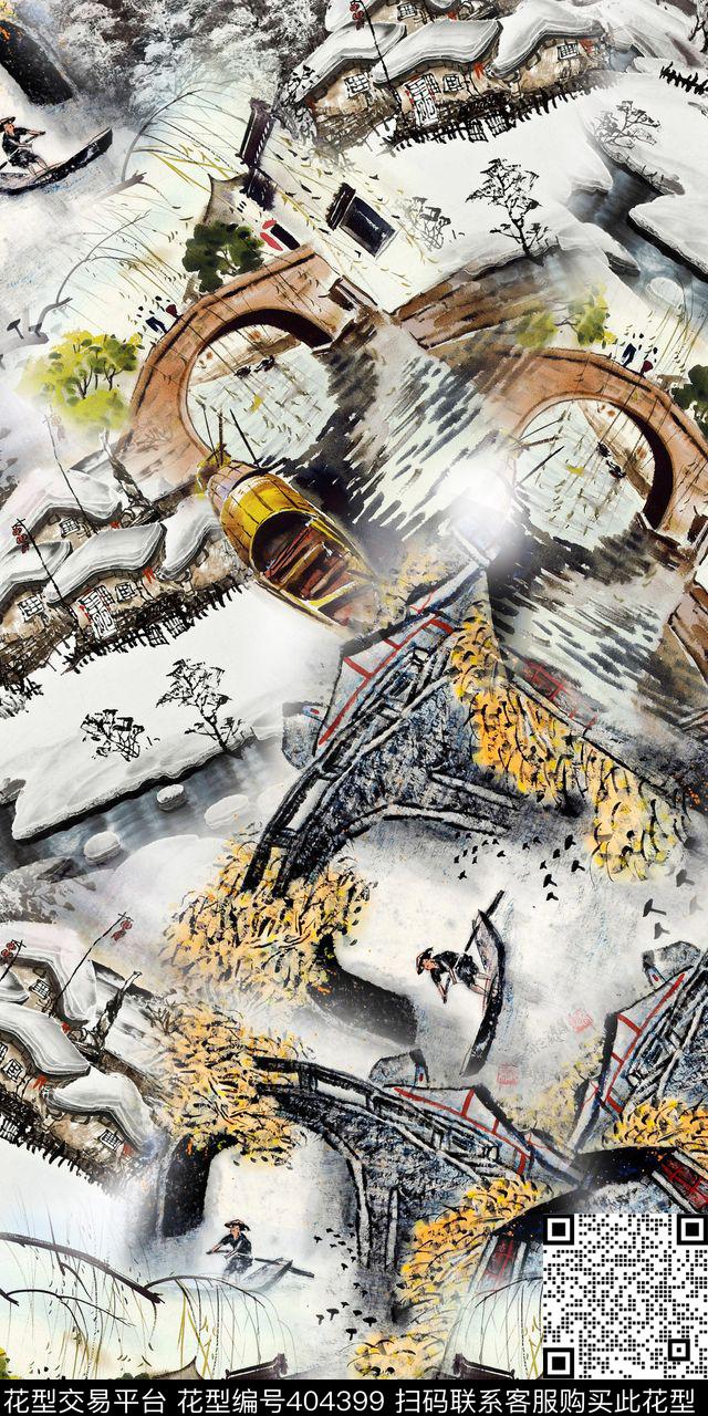 手绘水墨小桥大气数码印花华亿平台下载（图片编号: 404399） - 瓦栏（Walan）