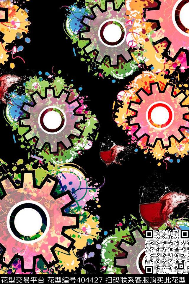 涂鸦齿轮红酒数码印花华亿平台下载（图片编号: 404427） - 瓦栏（Walan）