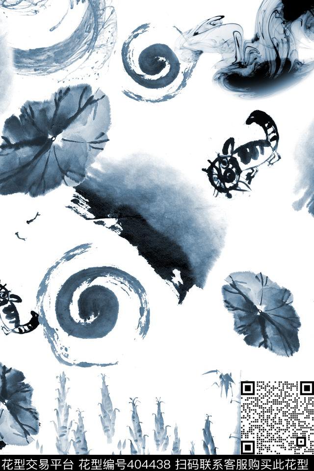 水墨鱼仔猫咪数码印花华亿平台下载（图片编号: 404438） - 瓦栏（Walan）