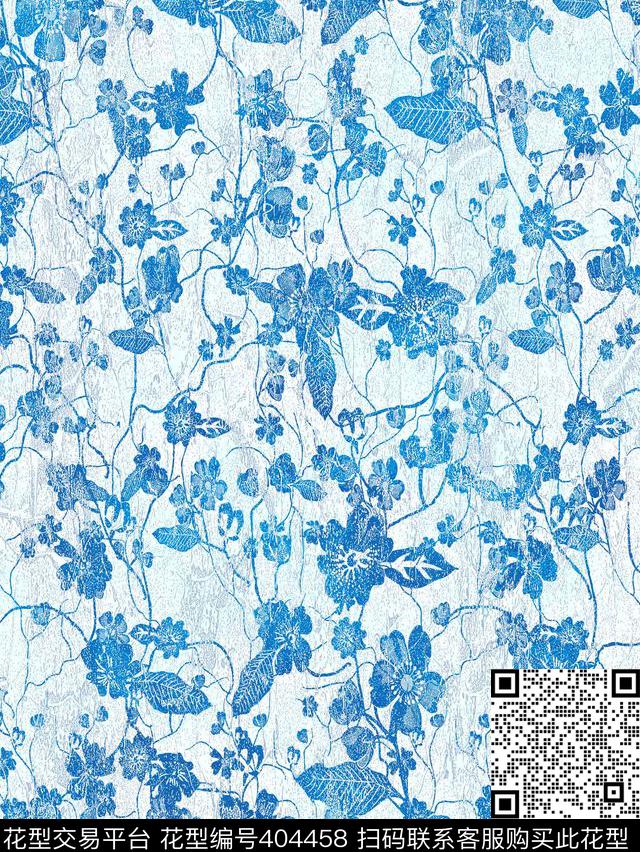 缠枝蓝花蓝色花卉流行时尚传统印花华亿平台下载（图片编号: 404458） - 瓦栏（Walan）