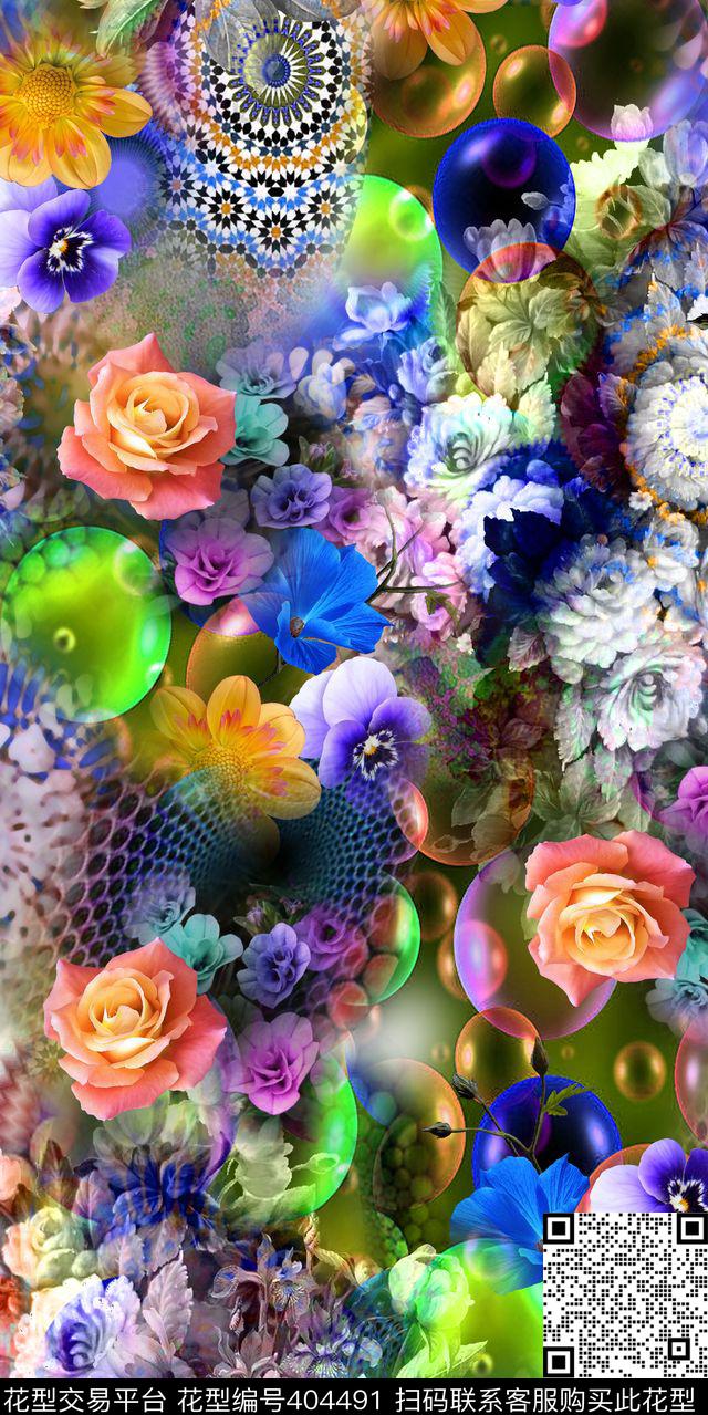 花卉白玫瑰组合数码印花华亿平台下载（图片编号: 404491） - 瓦栏（Walan）