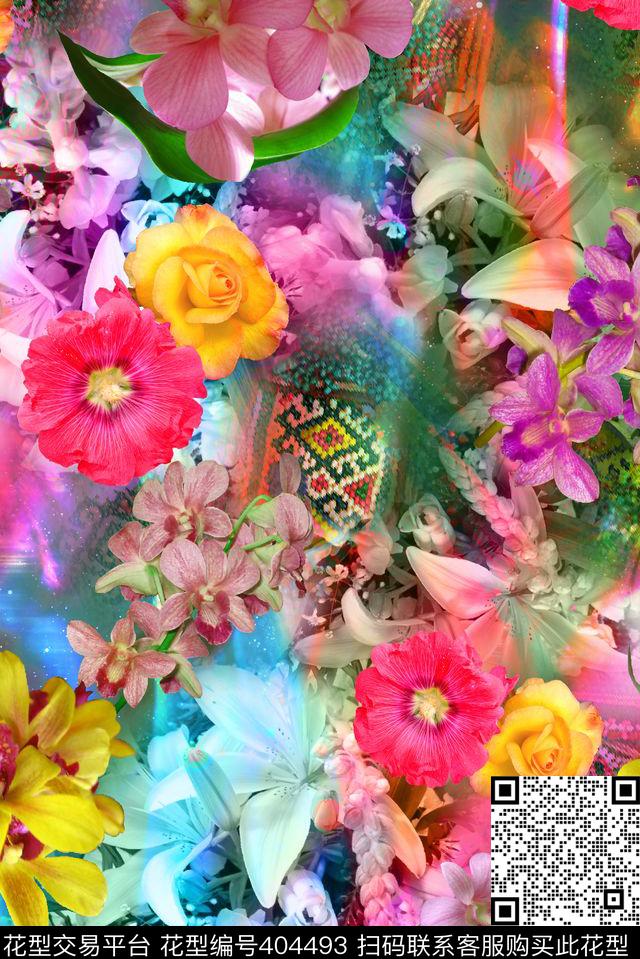 花卉组合百合玫瑰数码印花华亿平台下载（图片编号: 404493） - 瓦栏（Walan）