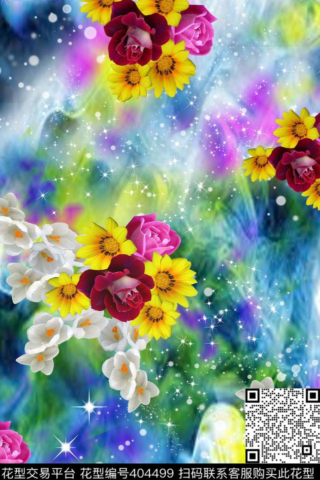 花卉白花雏菊红玫瑰组合数码印花华亿平台下载（图片编号: 404499） - 瓦栏（Walan）