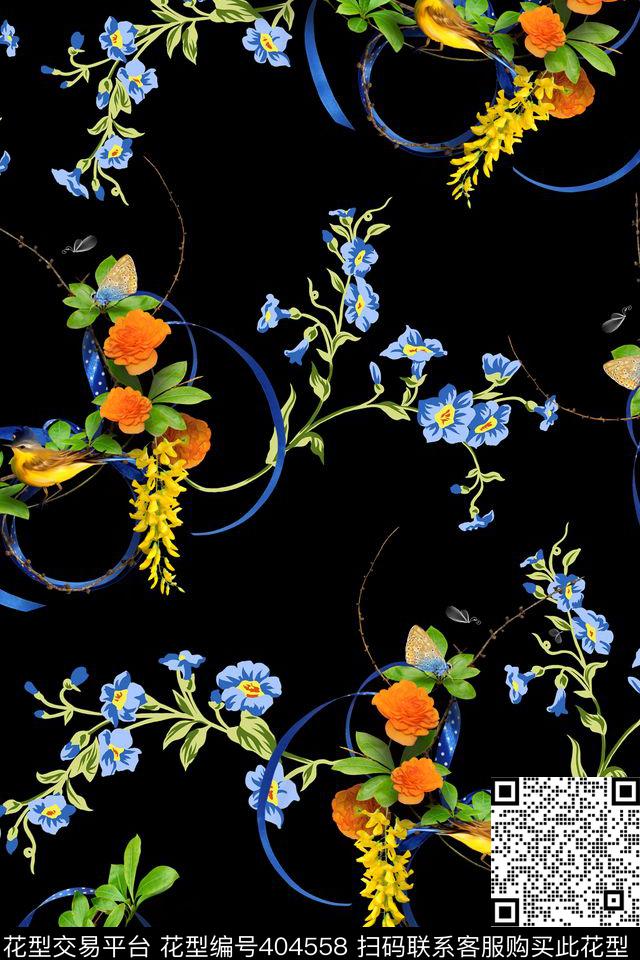 时尚大气花鸟四分色（或加专色）数码印花华亿平台下载（图片编号: 404558） - 瓦栏（Walan）