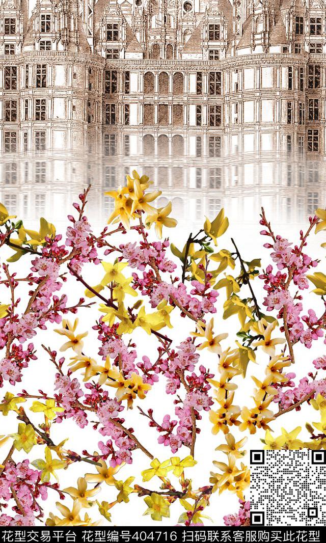 花卉树枝时尚流行手绘建筑数码印花华亿平台下载（图片编号: 404716） - 瓦栏（Walan）