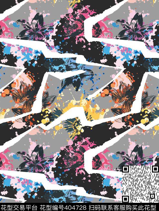 前卫多彩时尚撕纸纸边泼墨线描花马赛克错位传统印花华亿平台下载（图片编号: 404728） - 瓦栏（Walan）