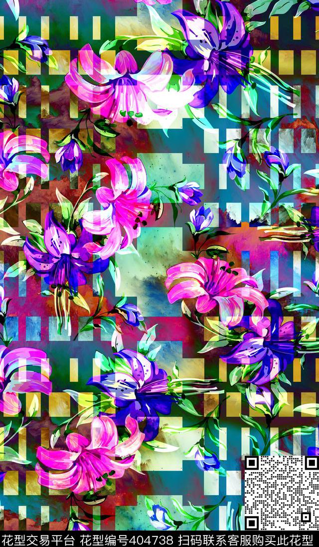 几何花卉植物花卉数码印花华亿平台下载（图片编号: 404738） - 瓦栏（Walan）