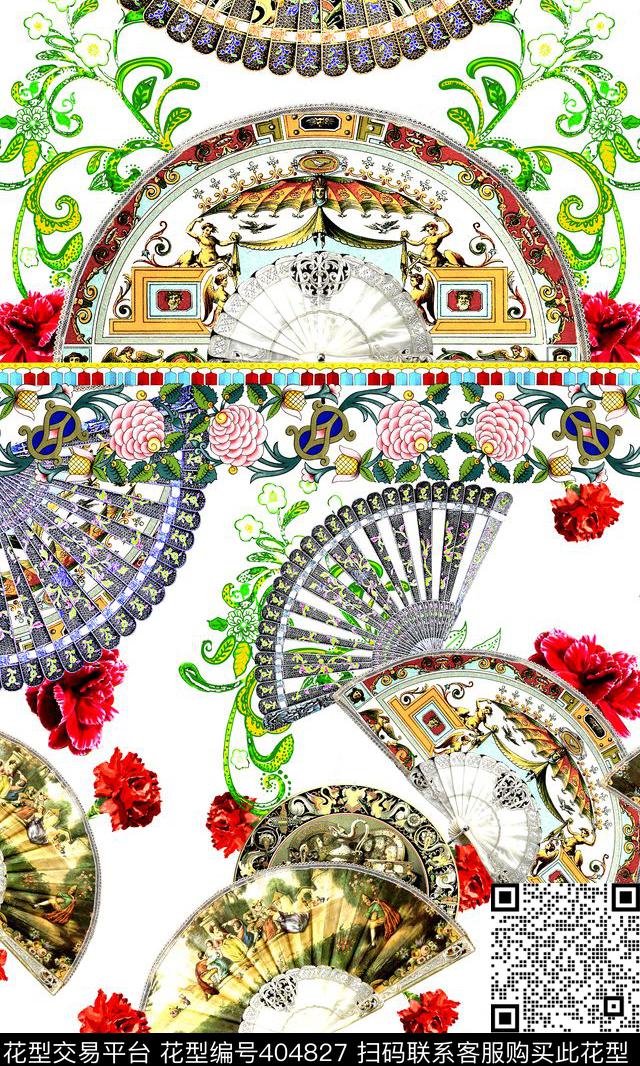 卷草康乃馨扇子数码印花华亿平台下载（图片编号: 404827） - 瓦栏（Walan）