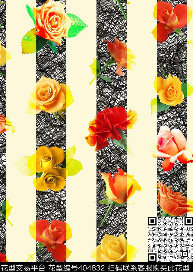网格条纹玫瑰花卉数码印花华亿平台下载（图片编号: 404832） - 瓦栏（Walan）