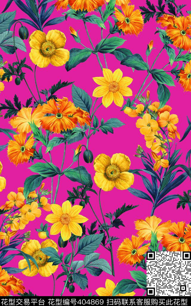手绘花露底菊花数码印花华亿平台下载（图片编号: 404869） - 瓦栏（Walan）