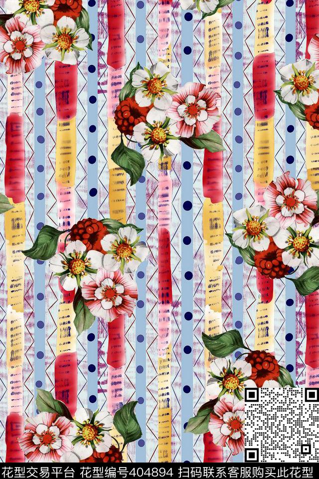 几何线条彩色圆点果实花数码印花华亿平台下载（图片编号: 404894） - 瓦栏（Walan）