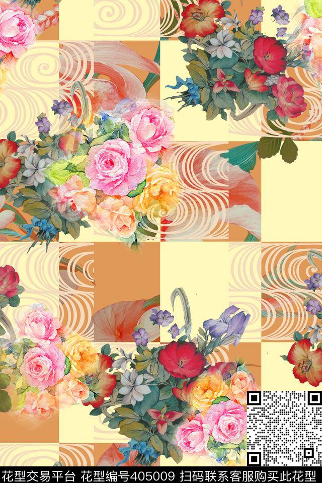 格子花卉手绘数码印花华亿平台下载（图片编号: 405009） - 瓦栏（Walan）