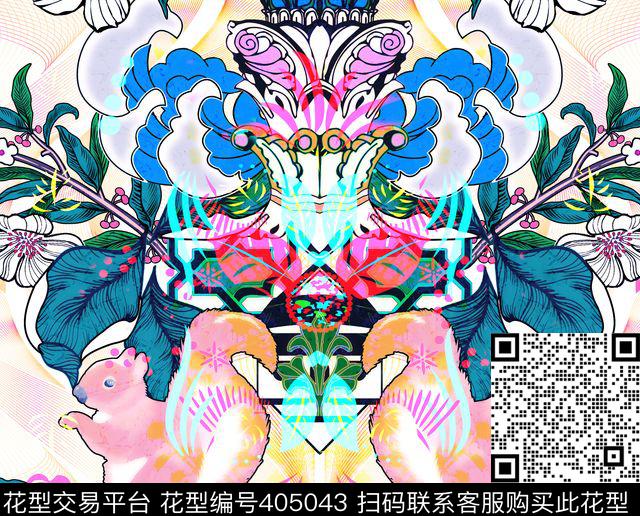 松鼠动物大叶片线描花海浪梅花罗马柱卡通镜像未来感前卫数码印花华亿平台下载（图片编号: 405043） - 瓦栏（Walan）