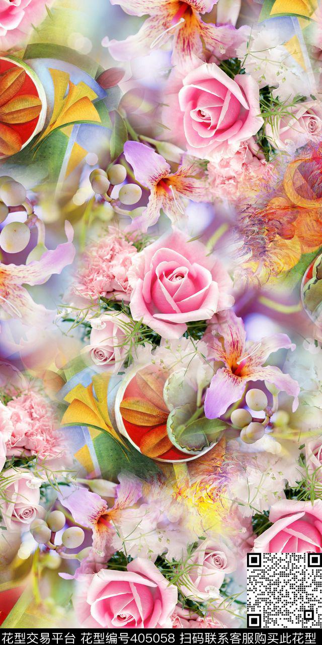 清爽小清新玫瑰大气数码印花华亿平台下载（图片编号: 405058） - 瓦栏（Walan）