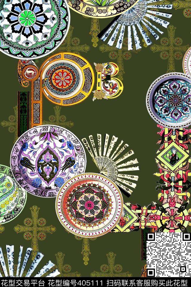 中国风盘子花卉数码印花华亿平台下载（图片编号: 405111） - 瓦栏（Walan）