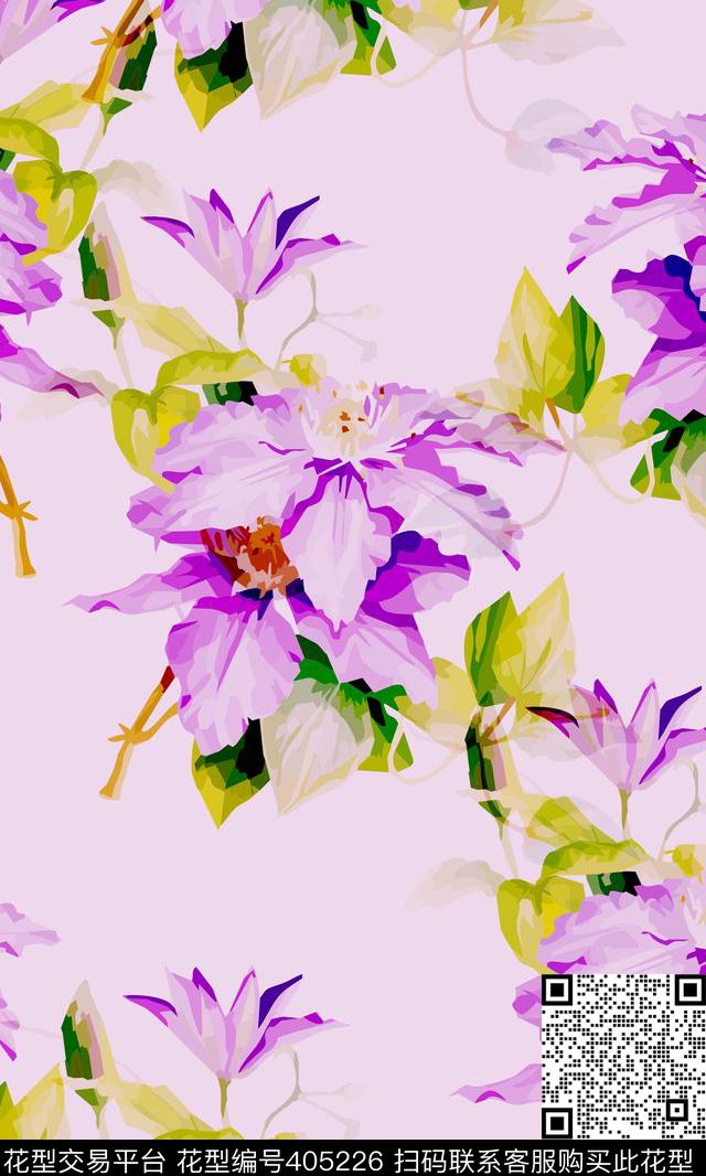 花写意花鸟混搭类传统印花华亿平台下载（图片编号: 405226） - 瓦栏（Walan）