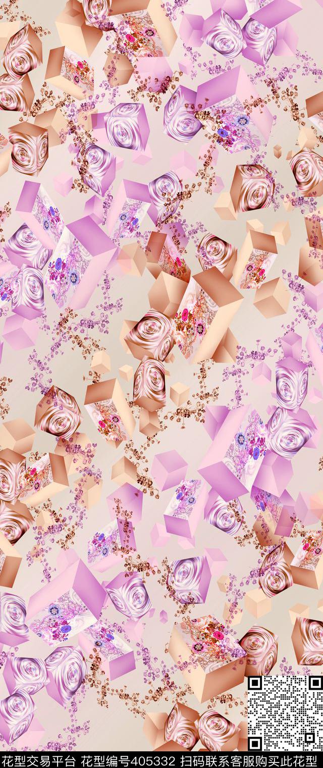 几何立方块时装花卉数码印花华亿平台下载（图片编号: 405332） - 瓦栏（Walan）