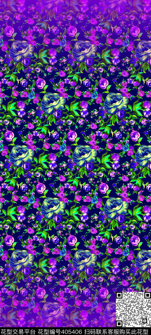 花卉紫蓝数码印花华亿平台下载（图片编号: 405406） - 瓦栏（Walan）