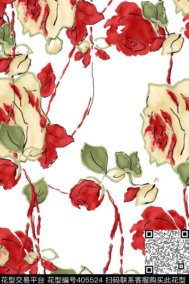 创意手绘适合雪纺花卉传统印花华亿平台下载（图片编号: 405524） - 瓦栏（Walan）