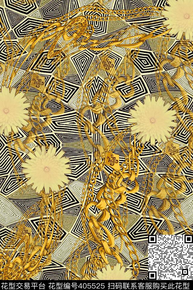 几何迷宫和金属链子欧式复古数码印花华亿平台下载（图片编号: 405525） - 瓦栏（Walan）