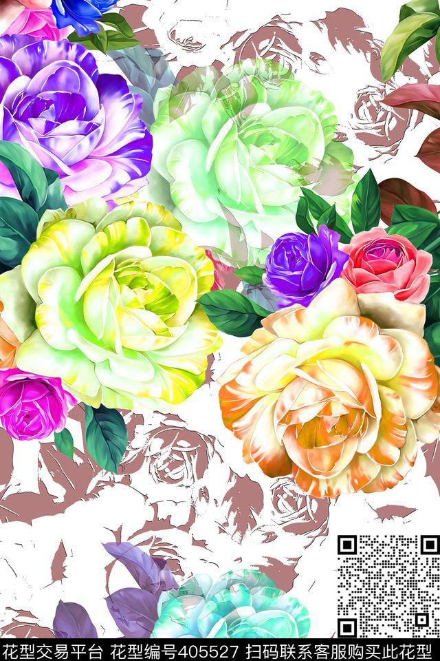 鲜艳的手绘花卉花卉数码印花华亿平台下载（图片编号: 405527） - 瓦栏（Walan）
