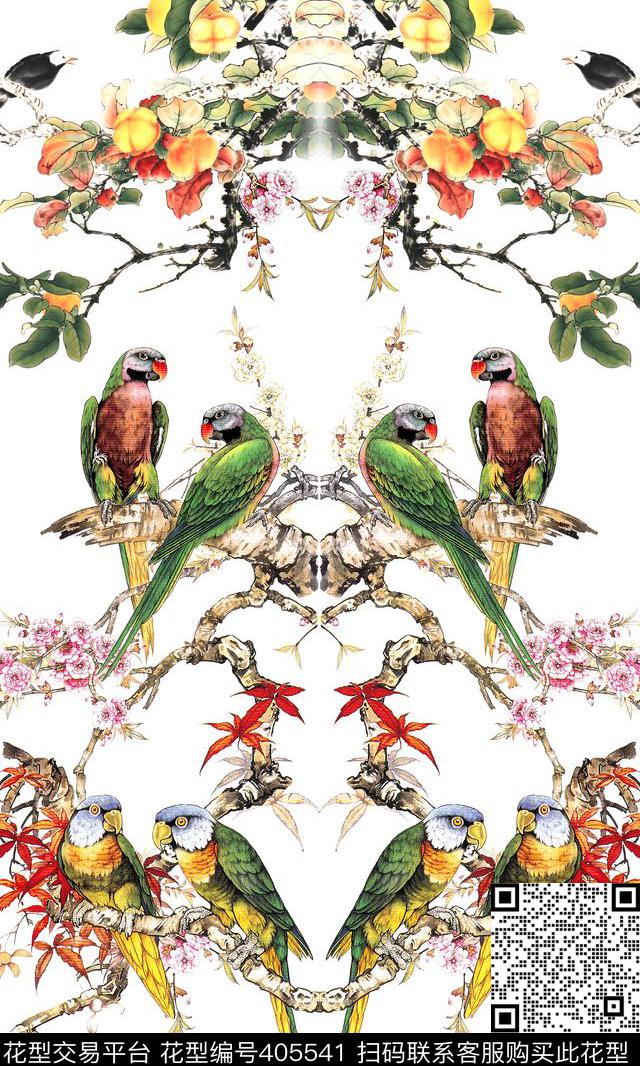 中国风鹦鹉桃花数码印花华亿平台下载（图片编号: 405541） - 瓦栏（Walan）