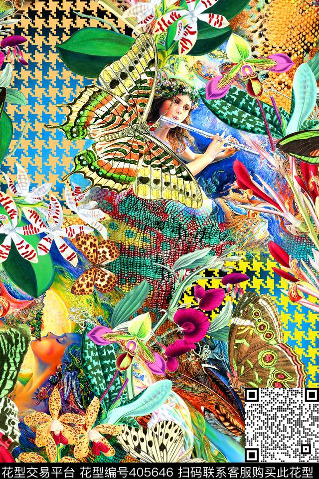 时尚千鸟格蝴蝶数码印花华亿平台下载（图片编号: 405646） - 瓦栏（Walan）