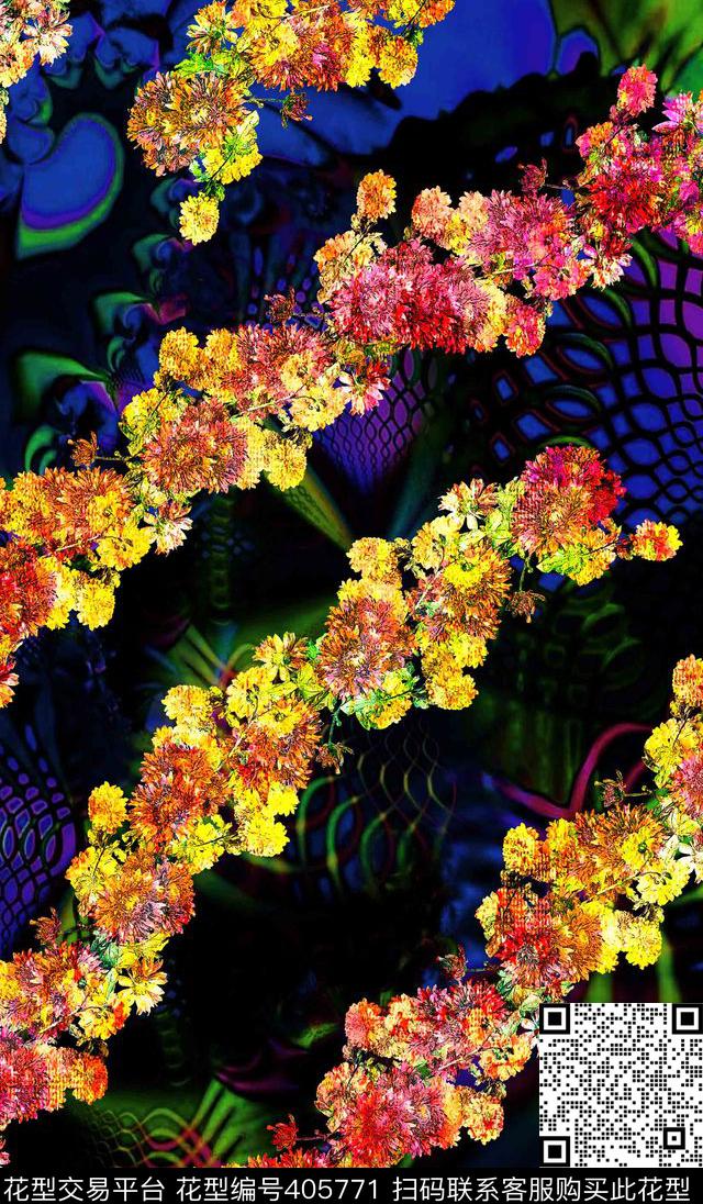 流行花卉时尚彩色花卉数码印花华亿平台下载（图片编号: 405771） - 瓦栏（Walan）