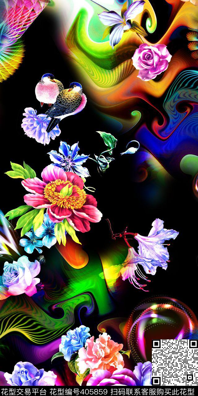 花卉肌理鸟数码印花华亿平台下载（图片编号: 405859） - 瓦栏（Walan）