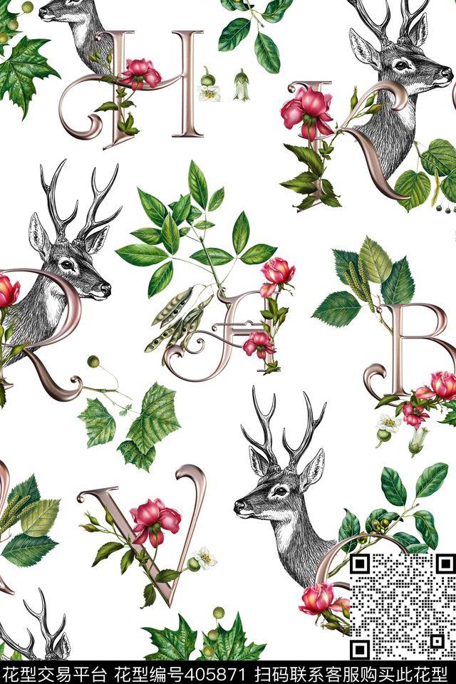 鹿l流行时尚绿叶鹿头数码印花华亿平台下载（图片编号: 405871） - 瓦栏（Walan）