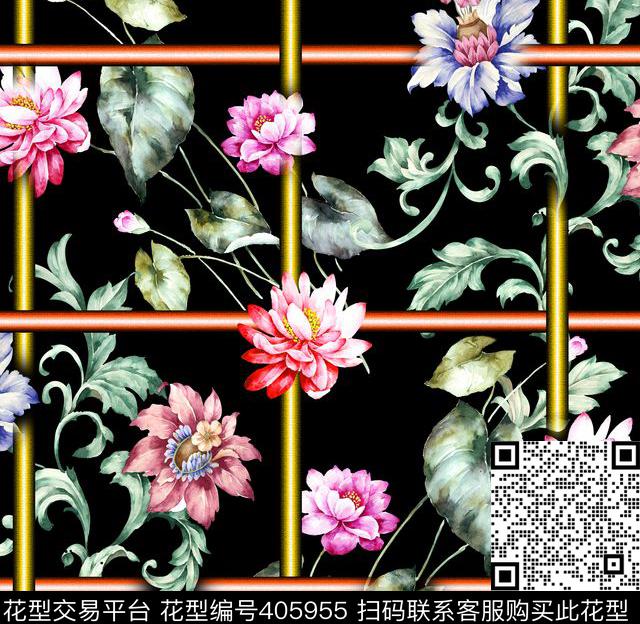 中式大花手绘大花数码印花华亿平台下载（图片编号: 405955） - 瓦栏（Walan）