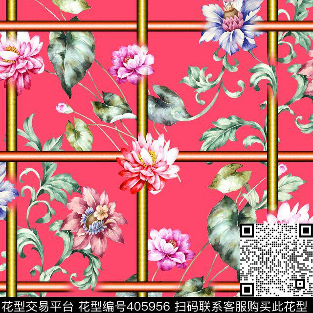 中式大花手绘大花数码印花华亿平台下载（图片编号: 405956） - 瓦栏（Walan）