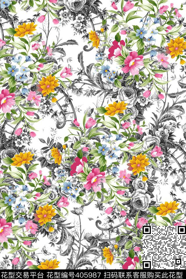 花卉四方连续数码印花华亿平台下载（图片编号: 405987） - 瓦栏（Walan）