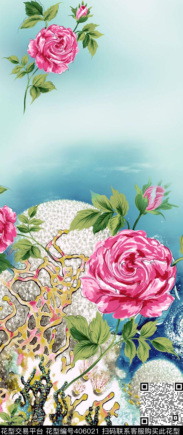 海底世界珊瑚手绘玫瑰欧美大气时装传统印花华亿平台下载（图片编号: 406021） - 瓦栏（Walan）