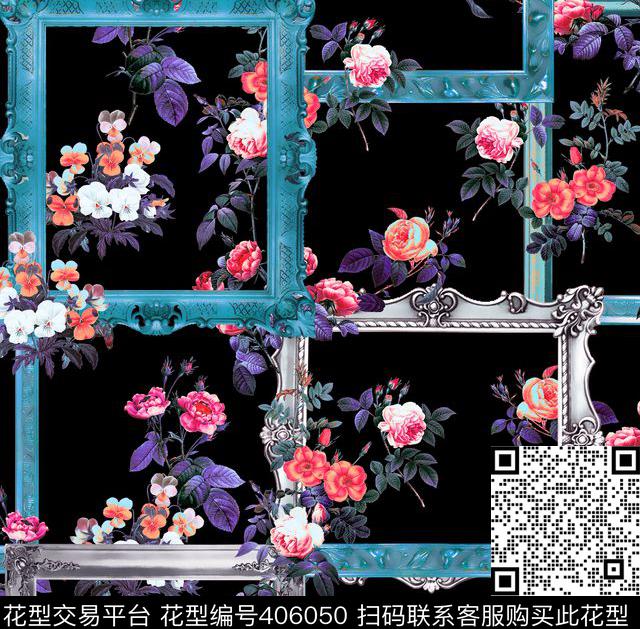 复古古典时尚欧式镜框复古花卉手绘花叠加数码印花华亿平台下载（图片编号: 406050） - 瓦栏（Walan）