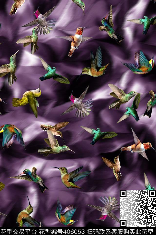 蜂鸟高贵紫色朦胧底纹数码印花华亿平台下载（图片编号: 406053） - 瓦栏（Walan）