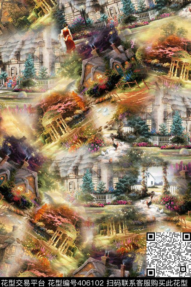 手绘油画田园数码印花华亿平台下载（图片编号: 406102） - 瓦栏（Walan）