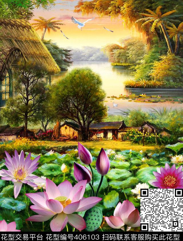 手绘小清新荷花房屋数码印花华亿平台下载（图片编号: 406103） - 瓦栏（Walan）
