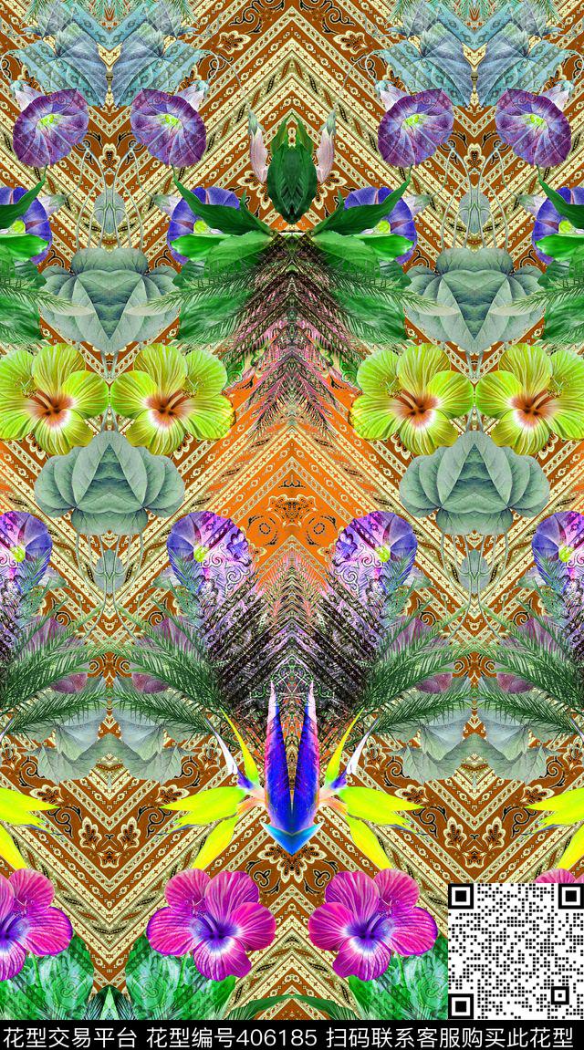 对称定位热带元素数码印花华亿平台下载（图片编号: 406185） - 瓦栏（Walan）