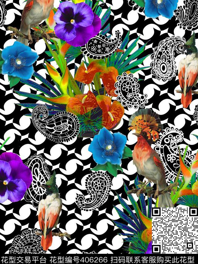 复古几何花鸟佩兹利数码印花华亿平台下载（图片编号: 406266） - 瓦栏（Walan）