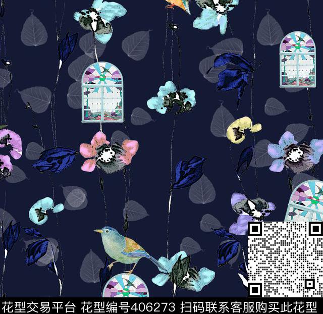 鸟叶窗欧式手绘花数码印花华亿平台下载（图片编号: 406273） - 瓦栏（Walan）