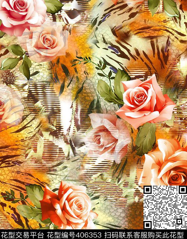 现代花卉花卉动物皮纹数码印花华亿平台下载（图片编号: 406353） - 瓦栏（Walan）