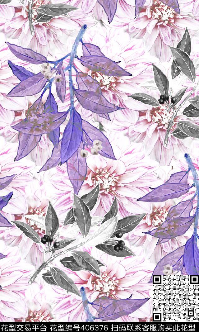 写意叶子花鸟混搭类传统印花华亿平台下载（图片编号: 406376） - 瓦栏（Walan）