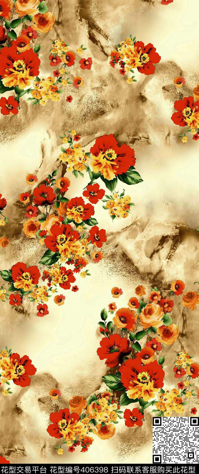 大牌时装高山手绘花卉传统印花华亿平台下载（图片编号: 406398） - 瓦栏（Walan）