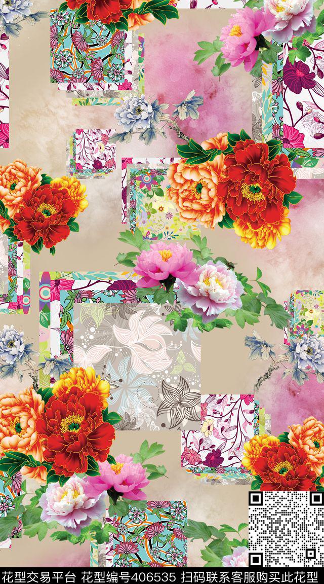 牡丹组合拼接小碎花数码印花华亿平台下载（图片编号: 406535） - 瓦栏（Walan）