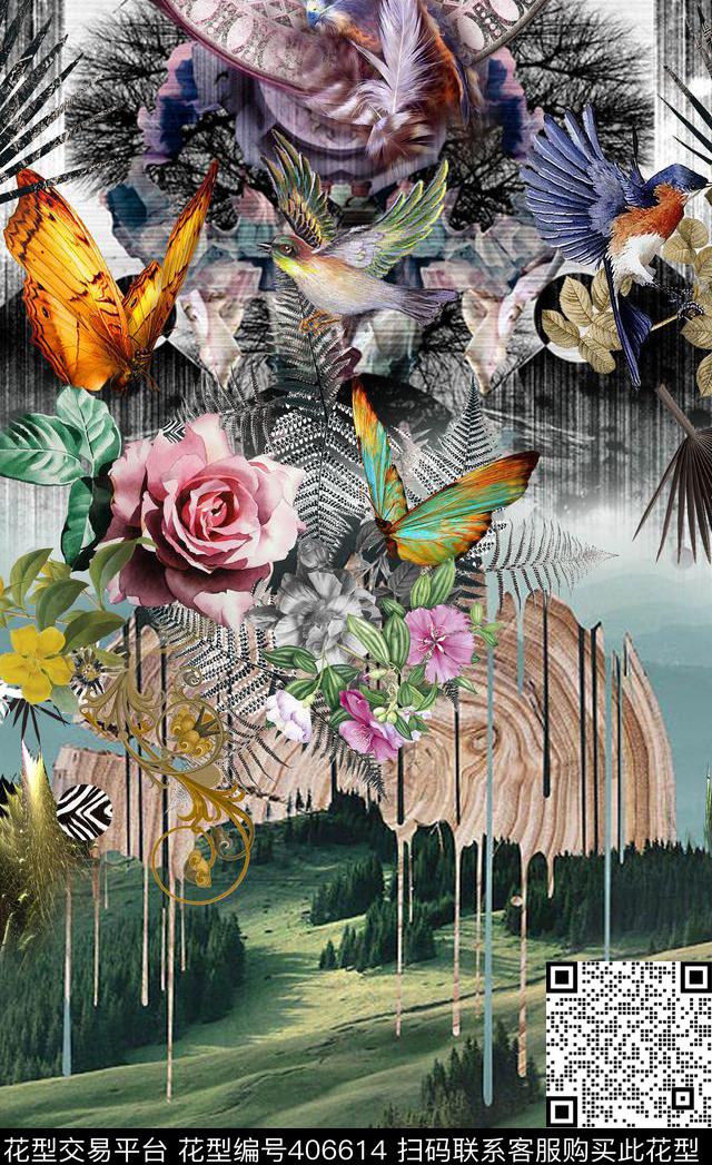 蝴蝶热带棕榈叶数码印花华亿平台下载（图片编号: 406614） - 瓦栏（Walan）