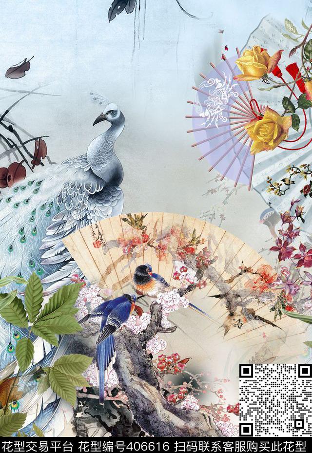 孔雀扇梅树写意数码印花华亿平台下载（图片编号: 406616） - 瓦栏（Walan）