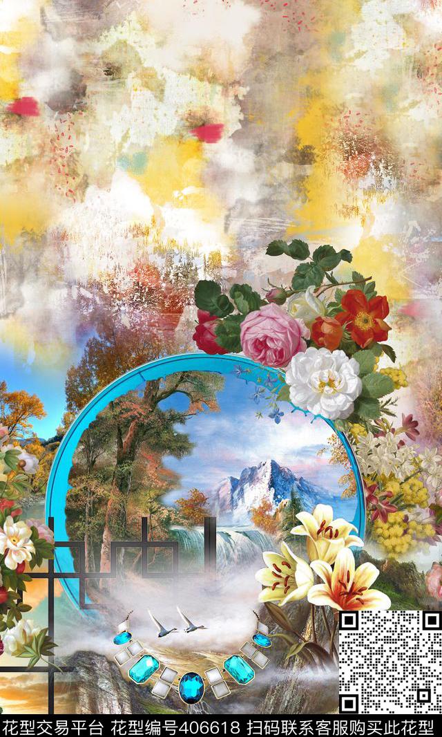 画框山水风景田园数码印花华亿平台下载（图片编号: 406618） - 瓦栏（Walan）