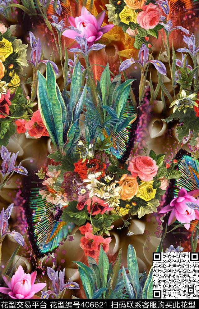 花卉枝叶数码印花华亿平台下载（图片编号: 406621） - 瓦栏（Walan）