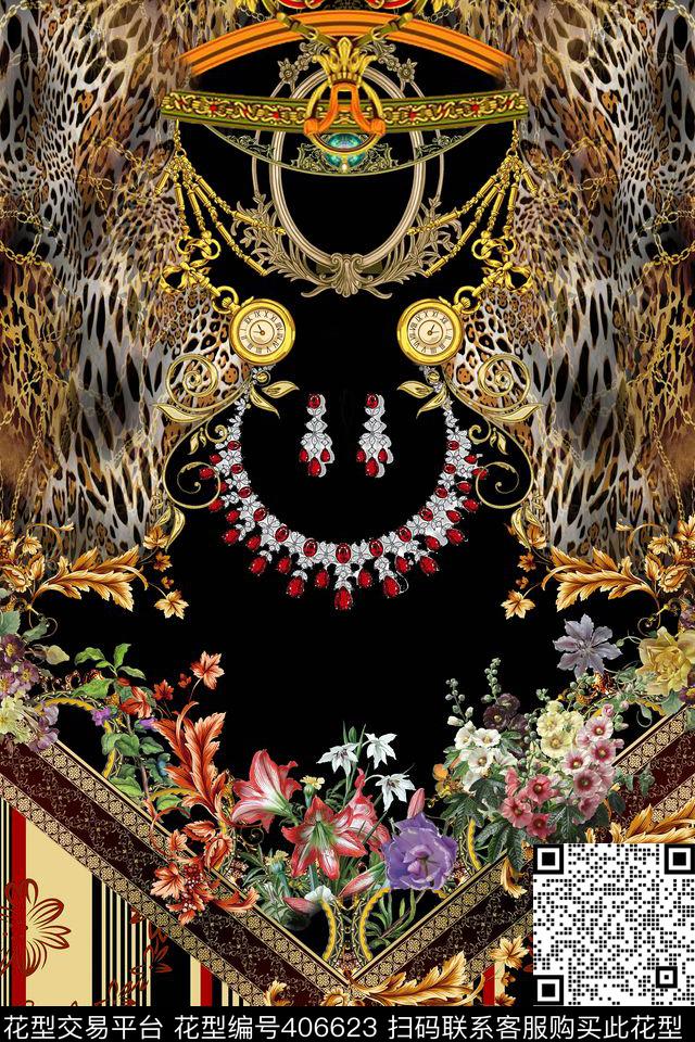 豹纹挂链花卉时尚数码印花华亿平台下载（图片编号: 406623） - 瓦栏（Walan）